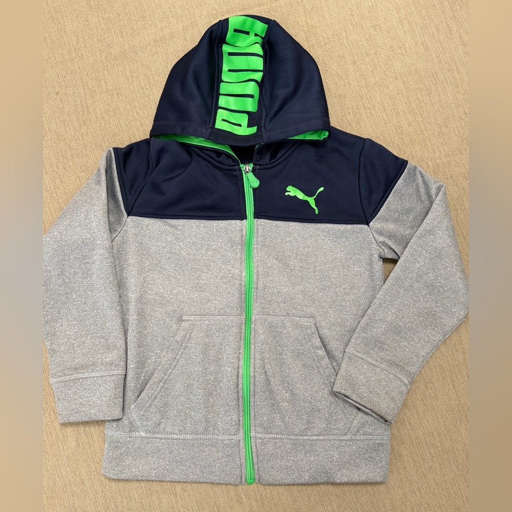 Puma Kids Hoodie in Gray and Navy with Green Accents, Size Small, 8
